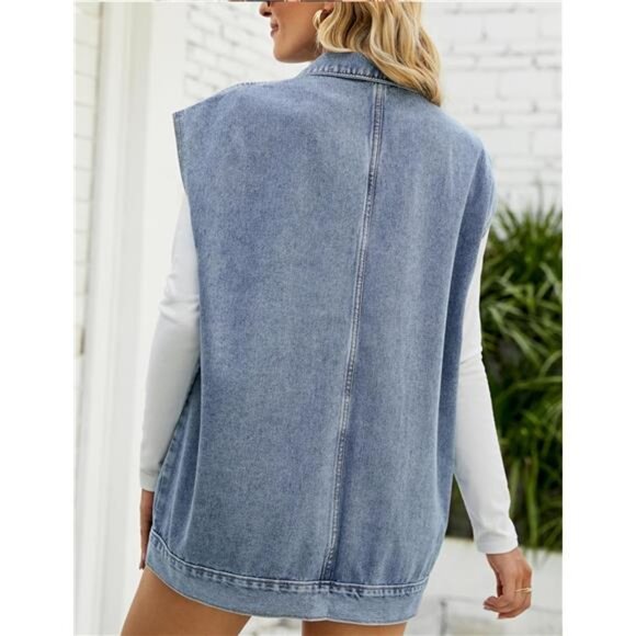 New Women's Cropped Distressed Denim Vest - Ripped Sleeveless Jean Jacket with - Picture 4 of 6